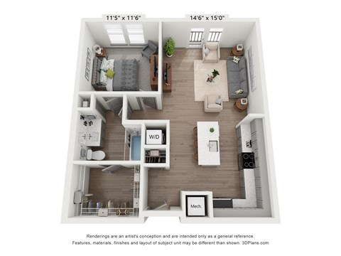a 3d floor plan of a 1 bedroom apartment